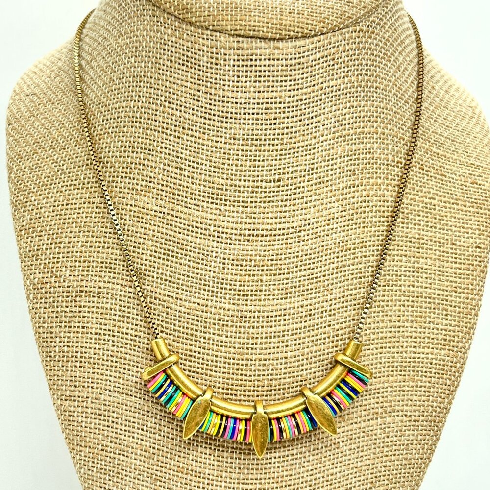 STELLA & DOT BOHO Rainbow Disc Necklace Brushed Gold Tone Colorful Statement